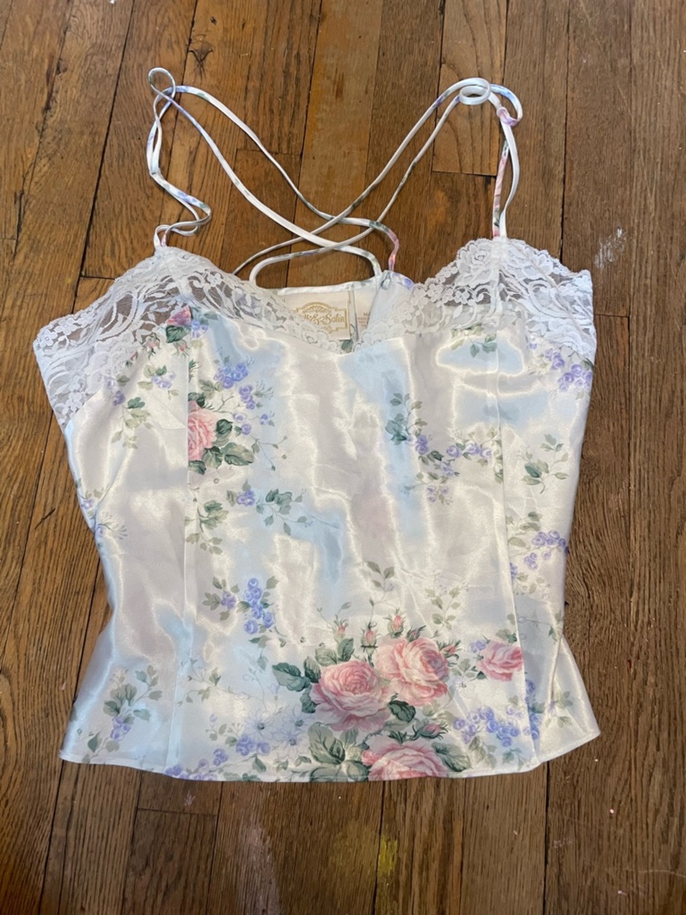 Silky Floral Lace Cami Top in Ivory with Pink Roses
